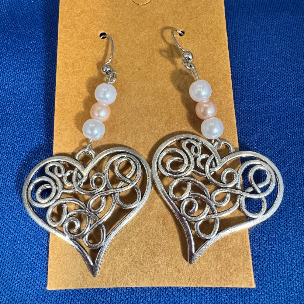 Elegant Silver Heart Earrings with Pearls